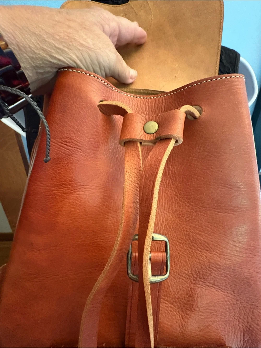 Classic Light Brown Leather Backpack with Front Flap and Buckles 15” x 12”